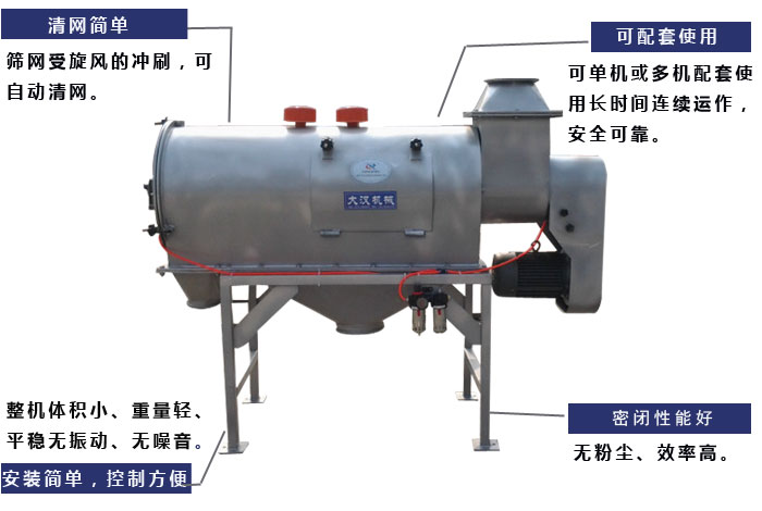 氣旋篩工作原理：篩網(wǎng)受旋風(fēng)的沖刷，可自動(dòng)清網(wǎng)，單機(jī)或多機(jī)配套使用長(zhǎng)時(shí)間連續(xù)運(yùn)作，安全可靠。
