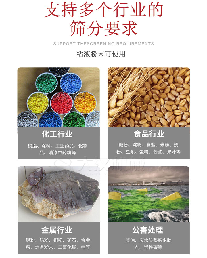 適用于化工行業，食品行業，金屬行業，以及公害處理等行業?；ば袠I：樹脂，涂料，工業藥品，化妝品，油漆，中藥粉等;食品行業：糖粉，淀粉，食用鹽，米粉，奶粉，豆漿，蛋粉，醬油，果汁等;金屬行業：鋁粉，鉛粉，銅粉，礦石，合金粉，焊條粉末，二氧化錳，電等。公害處理：廢油，廢水染整廒水助劑，活性炭等。超聲波振動篩支持挑選定制常見的有：不銹鋼，碳鋼，全不銹鋼三種規格。不銹鋼：耐腐蝕，耐高溫適合化工行業,碳鋼：鋼性強，硬度高經久耐用,全不銹鋼：機身經久耐用不易生銹不易腐蝕超聲波振動篩共有一到四層可供選擇。大漢超聲波振動篩優勢：篩分效率高，篩分精度高，產量可提高0.5-10倍適用于：大米，米粉，綠豆，小米等。輕松解決堵網問題適用10目-635目之間的物料。